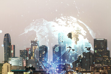 Multi exposure of abstract creative coding sketch and world map on Los Angeles city skyline background, artificial intelligence and neural networks concept