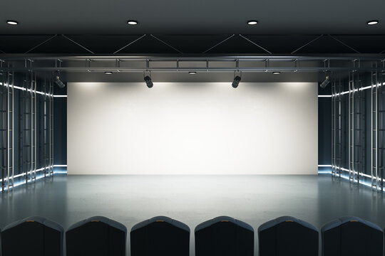 Home cinema concept with big blank white screen with projectors on top, raw of seats, gloosy floor and led lights on the walls. Mockup. 3D rendering.