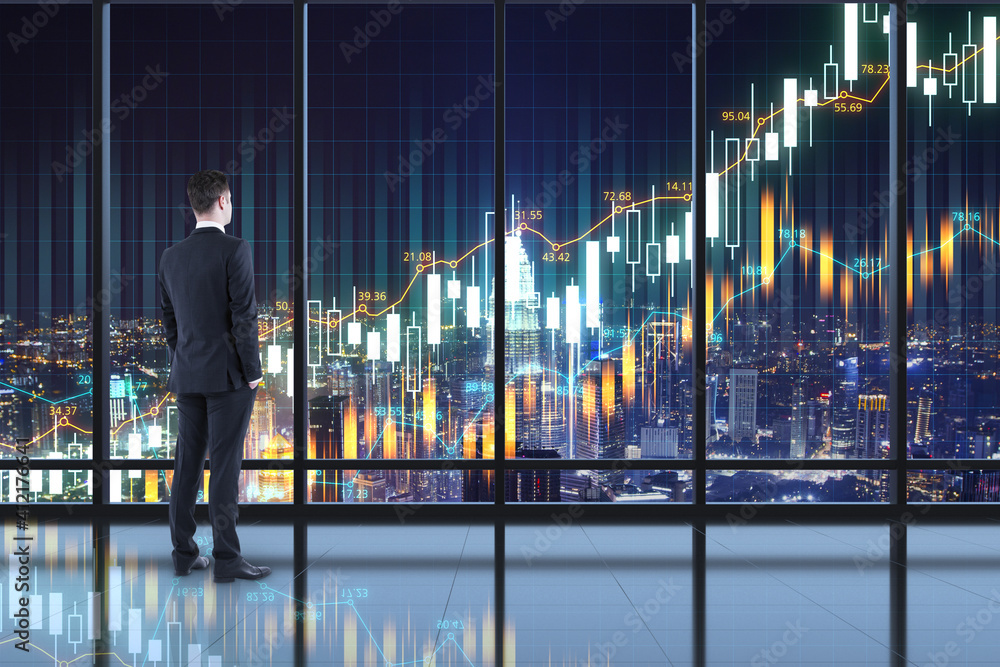 Poster new height concept with businessman on the roof of skyscraper looking at night city and digital disp