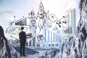 Business idea concept with businessman on the rock at city background and drawn sketch with business doodles. Double exposure.