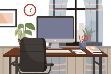 Modern workplace flat design. Lather chair and office desk with a computer and potted plant in living room or office interior. Furniture and equipment for the workplace of an employee or office worker
