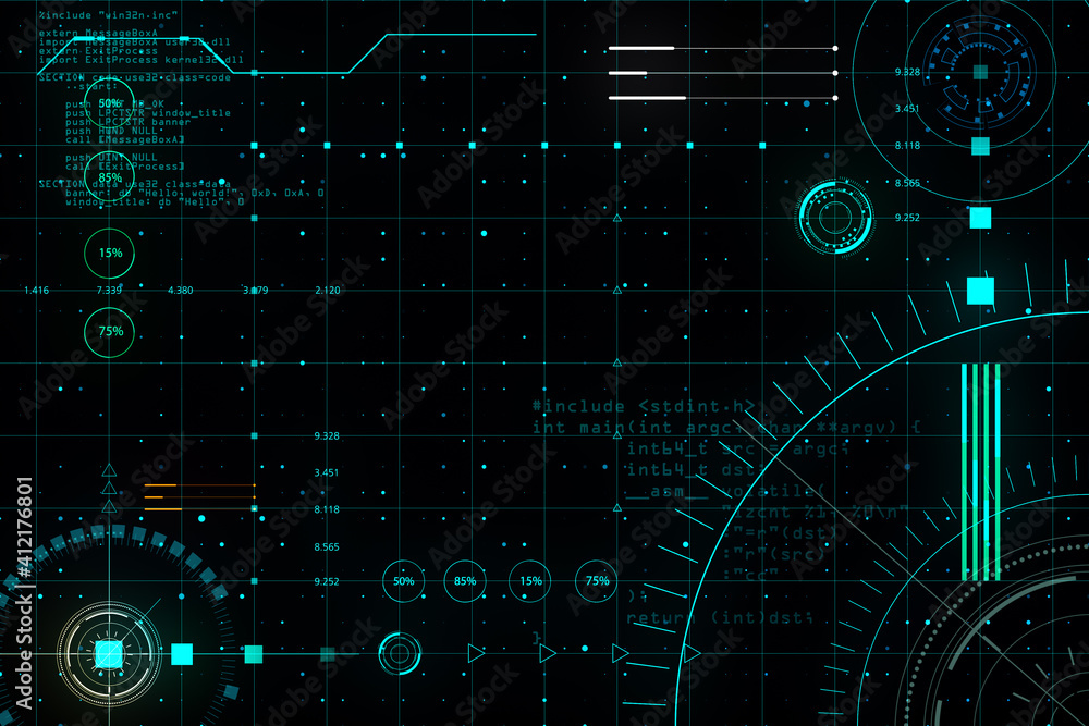 Poster Abstract digital interface with glowing signs and elements, programming language at dark background on the screen. 3D rendering.