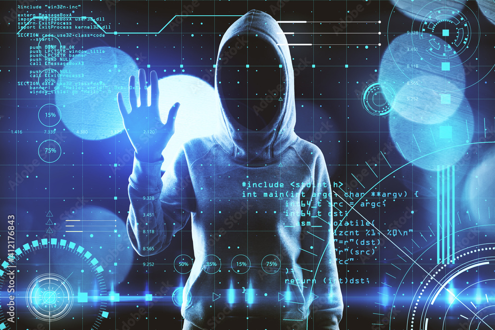Poster Cyber security concept with faceless hacker silhouette touching digital screen with network security items. Double exposure.