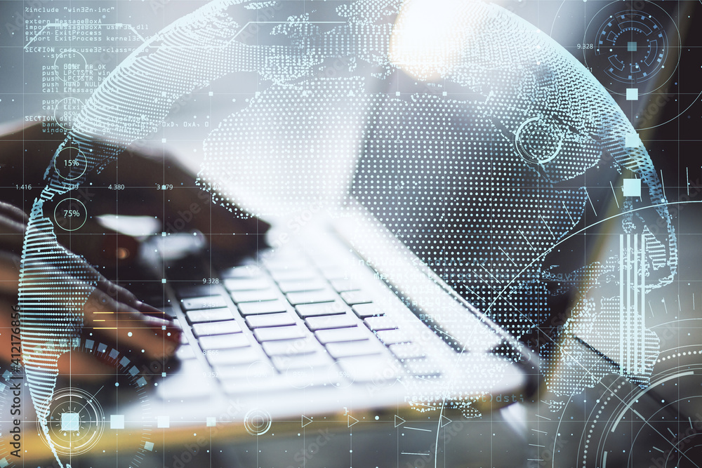 Poster double exposure with woman fingers on laptop keyboard and abstract digital screen with glowing world