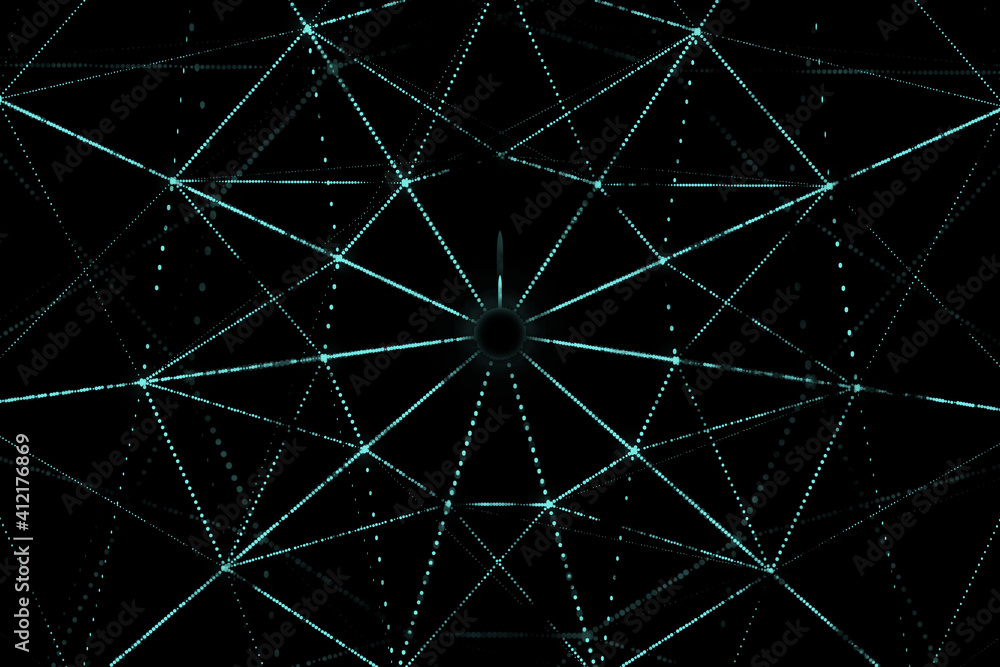 Poster Abstract digital interface with glowing signs, polygonal forms and lights. 3D rendering.