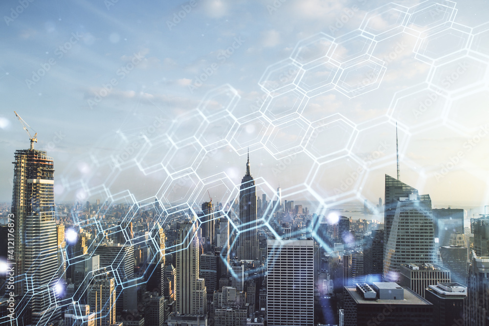 Poster abstract virtual wireless technology hologram with hexagon on new york city skyline background. big 