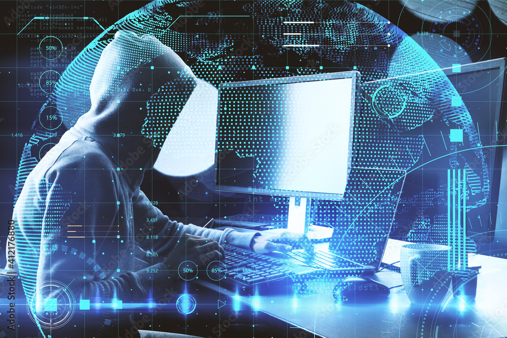 Poster Cyber security concept with faceless hacker silhouette working with laptop and computer and abstract digital screen with glowing world map. Double exposure.