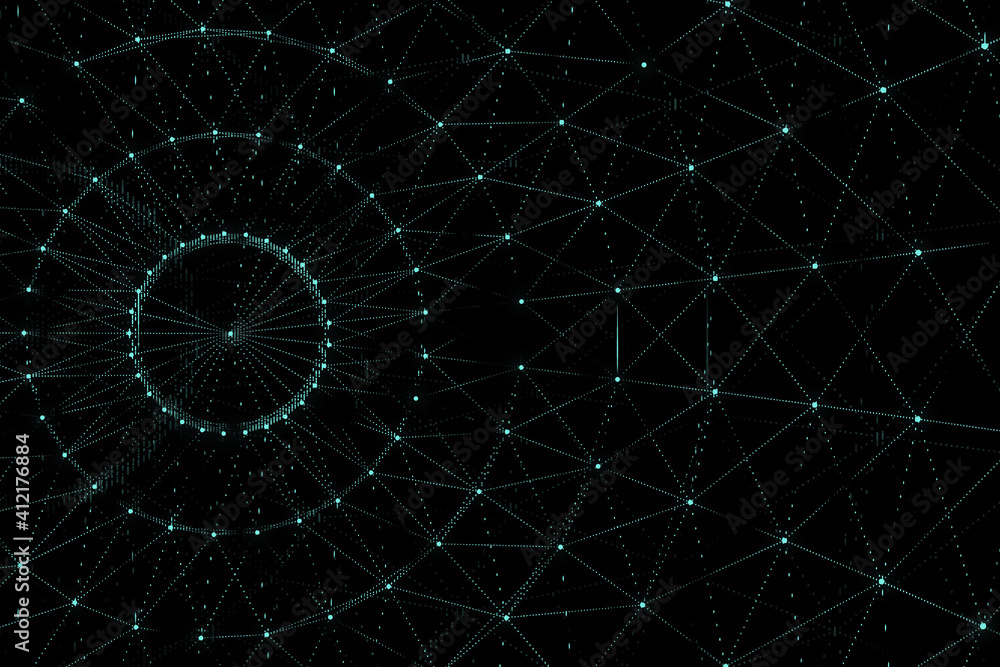 Poster Abstract technology digital interface with glowing patterns at dark background. 3D rendering.