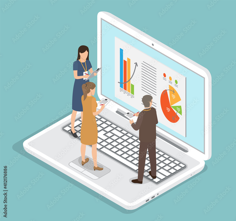 Aufkleber man and woman employees cooperating and discussing business graph report on big laptop. business wor