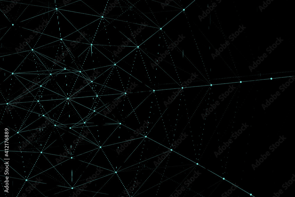 Poster Abstract digital interface with structured glowing dots and lights. 3D rendering.