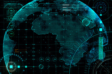 Digital screen with abstract interface, glowing signs, programming elements and world map at dark background. 3D rendering.