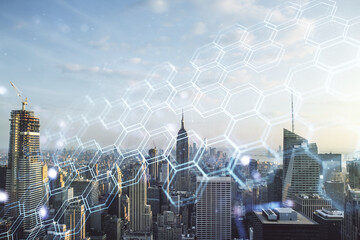 Abstract virtual wireless technology hologram with hexagon on New York city skyline background. Big data and database concept. Multiexposure