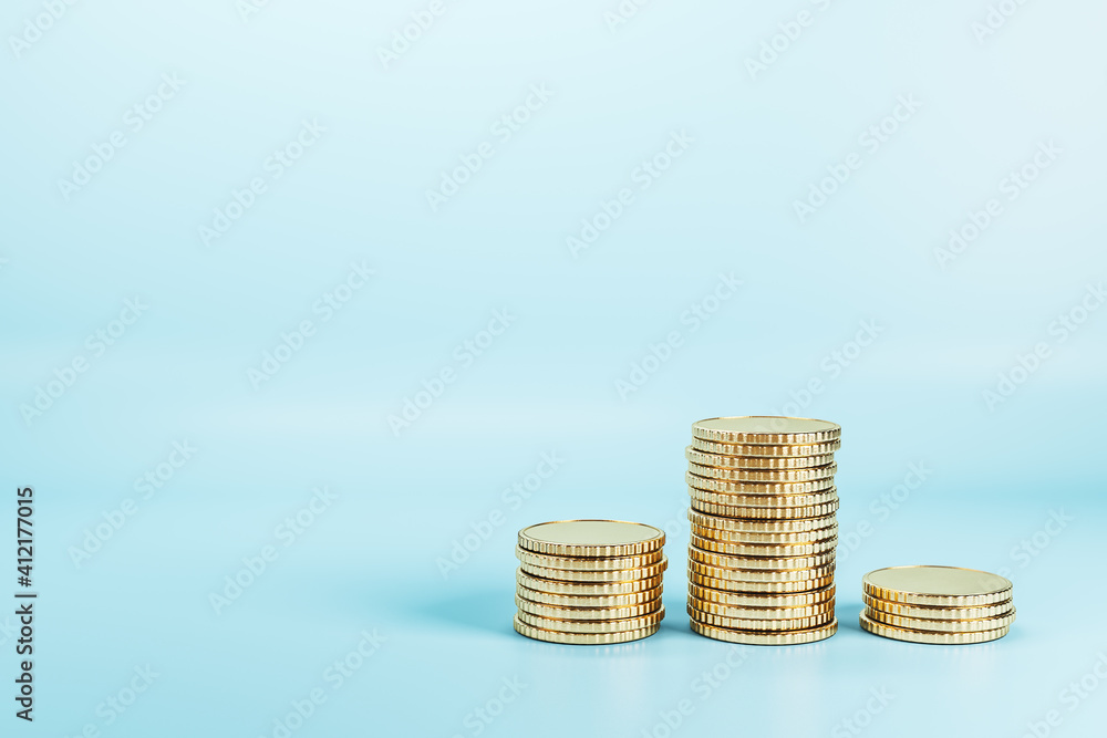 Poster piles of golden coins at abstract blue background. making money concept. 3d rendering.
