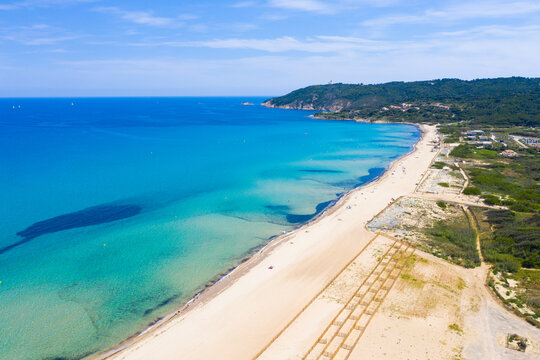 France, Var department, Ramatuelle - Saint Tropez, Aerial view of Pampelonne beach, the famous beach located on French Riviera