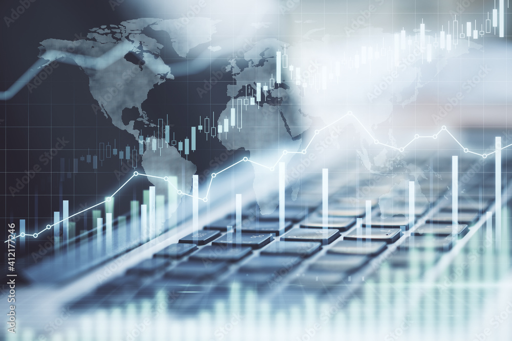 Poster business chart with glowing financial graphs, world map and diagram and part of laptop. double expos