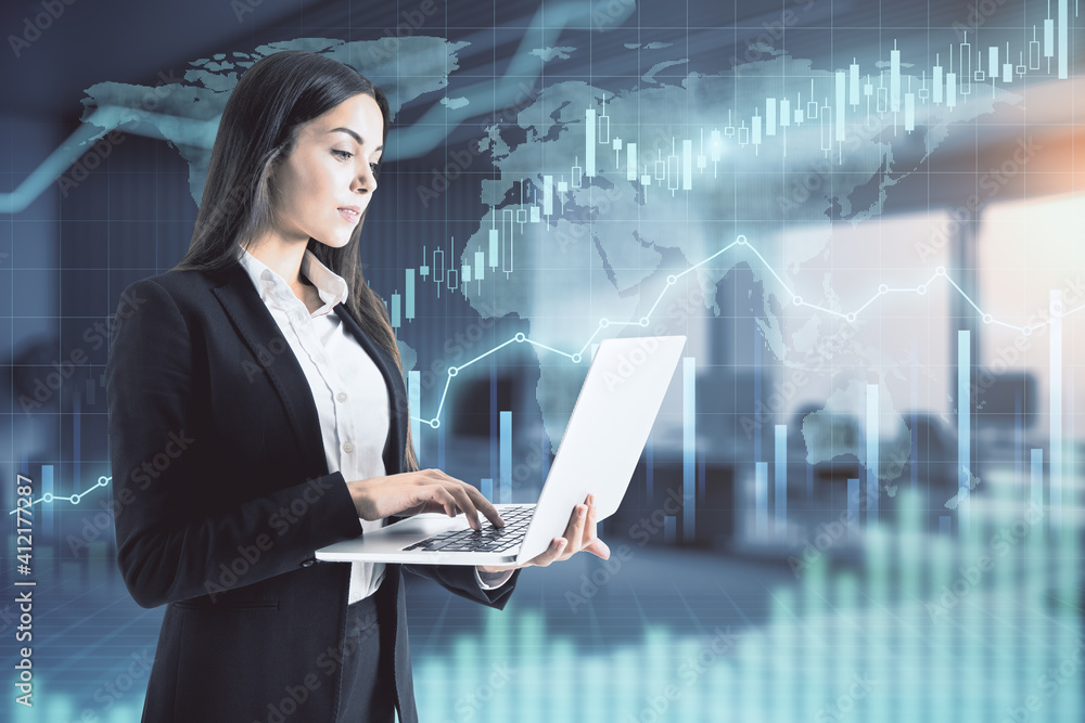 Poster businesswoman using laptop at blurry background and digital screen with financial chart with glowing