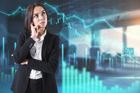 Thinking process concept with businesswoman thought about and digital screen with stock market chart and glowing graphs. Double exposure.