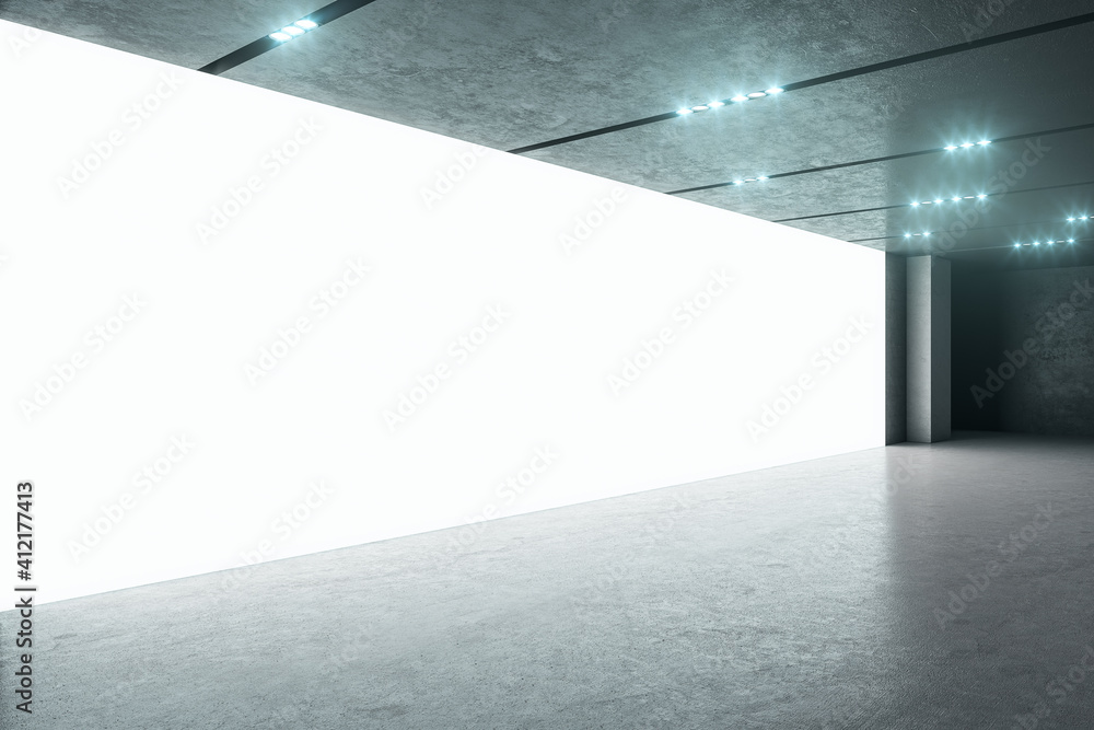 Poster side view on big blank white screen wall for presentation in modern concrete style room. mockup. 3d 