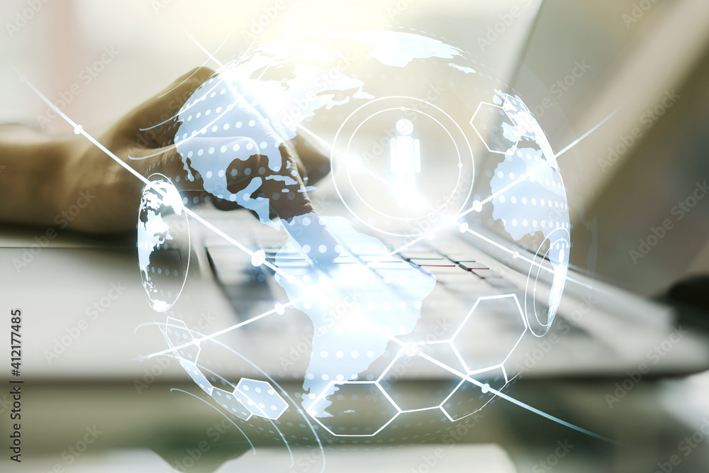Poster social network media concept with world map and hands typing on computer keyboard on background. dou