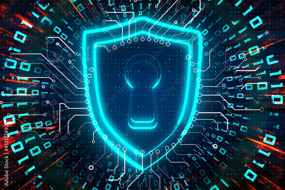 Poster Cyber security concept with interactive keyhole on digital screen with electrical diagram at dark background. 3D rendering.