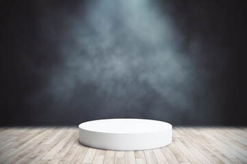 Abstract concept scene with white blank cylinder podium in the center of wooden floor at dark smoky background. Mockup. 3D rendering