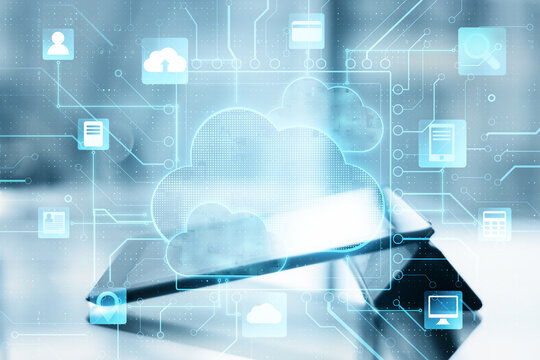 Cloud internet technology concept: digital screen with cloud service application icons and digital tablet on the table