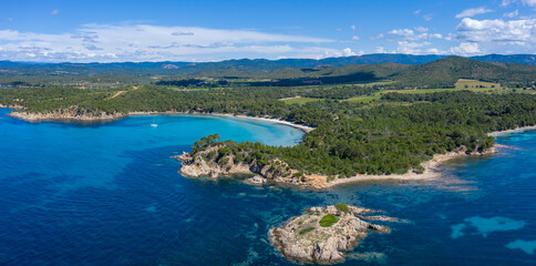 Fototapeta na wymiar France, Var department, Bormes les mimosas, Aerial view of Cap Leoube and Estagnole beach