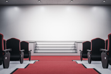 Red carpet hall with front view on blank wall, podium with stairs and rows of seats on the sides. Mockup. 3D rendering