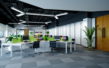 3d render of working office, open office