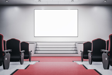 Red carpet performance hall with big blank white poster in the center of wall and rows of red seats on the sides. Mockup. 3D rendering