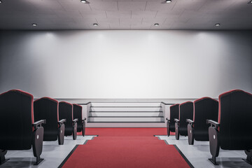 Modern spacious conference hall with blank wall, red carpet and red seats, podium and lights on ceiling. Mockup. 3D rendering