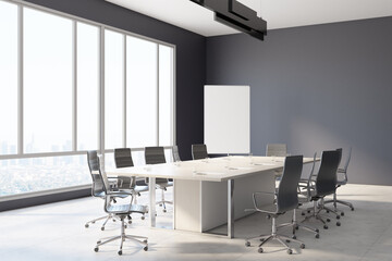 Blank white poster on the corner of modern sunny business meeting room with wooden table, marble floor and huge window with city view. Mockup. 3D rendering