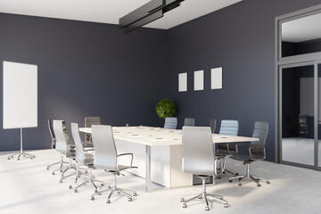 Modern meeting room with stylish furniture, black walls, marble floor, huge window and blank white poster on the corner. Mockup. 3D rendering