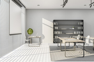 Side view on blank white screen in sunny conference room with modern eco furniture, blinds on the window and marble floor. Mockup. 3D rendering.