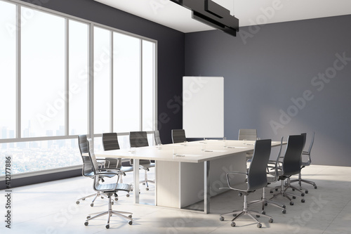 Download Blank White Poster On The Corner Of Modern Sunny Business Meeting Room With Wooden Table Marble Floor And Huge Window With City View Mockup 3d Rendering Wall Mural Peshkov