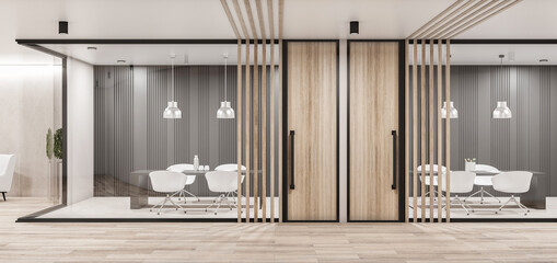 Eco style business meeting rooms with glass walls, wooden details, modern white furniture and black wall. 3D rendering