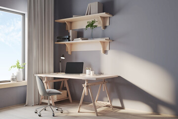 Eco style workspace for remote work with wooden shelves, table and beige color wall and floor. Cozy room. 3D rendering