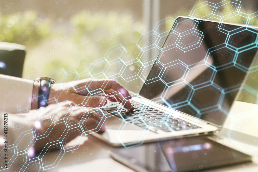 Poster double exposure of technology hologram with hexagon and hands typing on laptop on background. resear