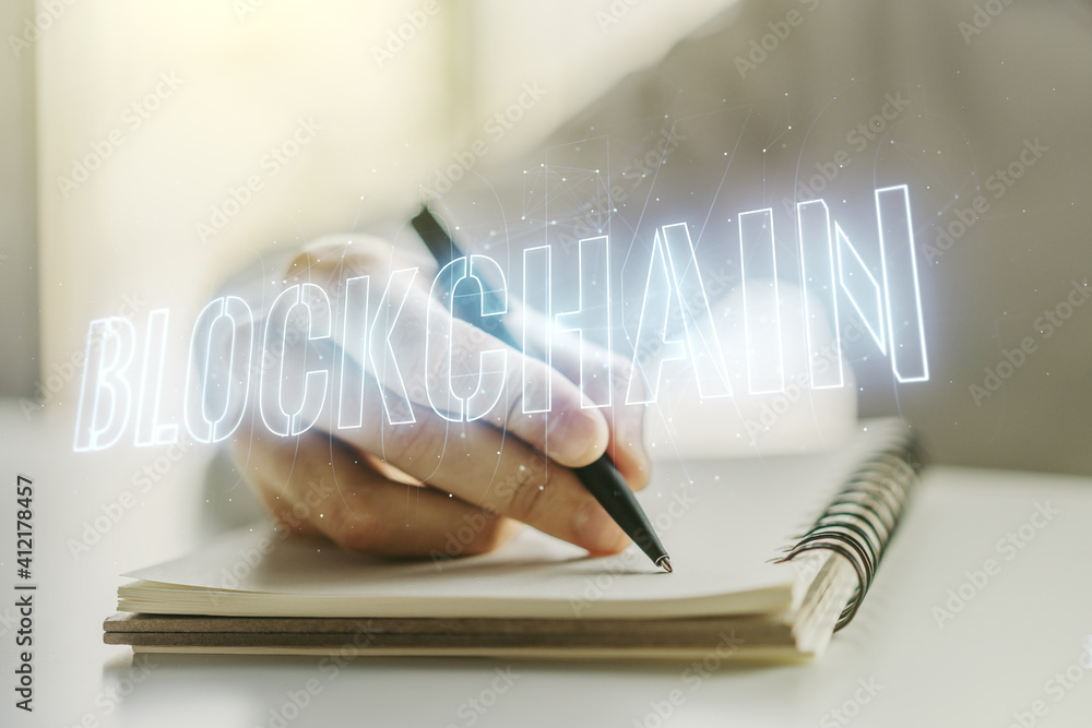 Poster creative abstract blockchain technology hologram and man hand writing in diary on background, crypto
