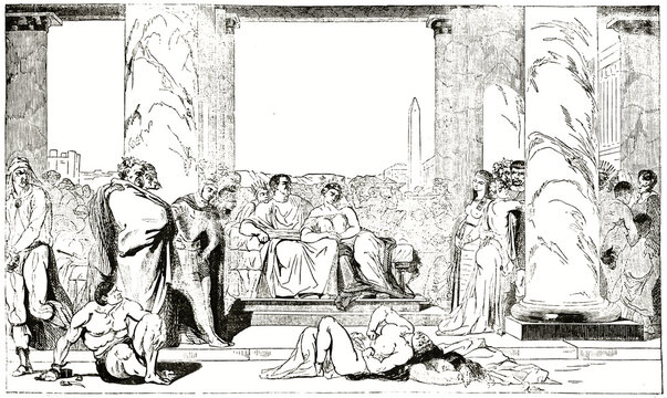 Antony and Cleopatra testing cruelly poisonous beverages on slaves at court. Ancient grey tone etching style art by unidentified author, Magasin Pittoresque, 1838