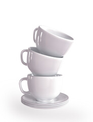 Creative surreal background, flying, falling porcelain tableware, white cup, saucer, spoon, isolated, 3d rendering
