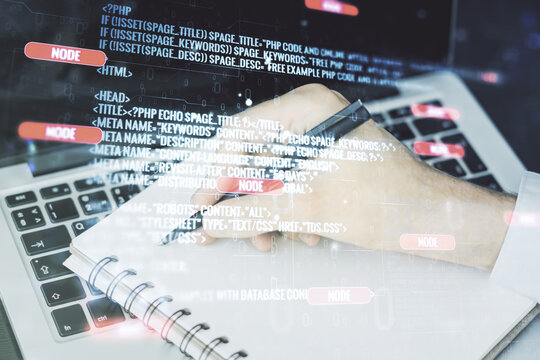 Abstract creative coding illustration with hand writing in diary on background with laptop, software development concept. Multiexposure