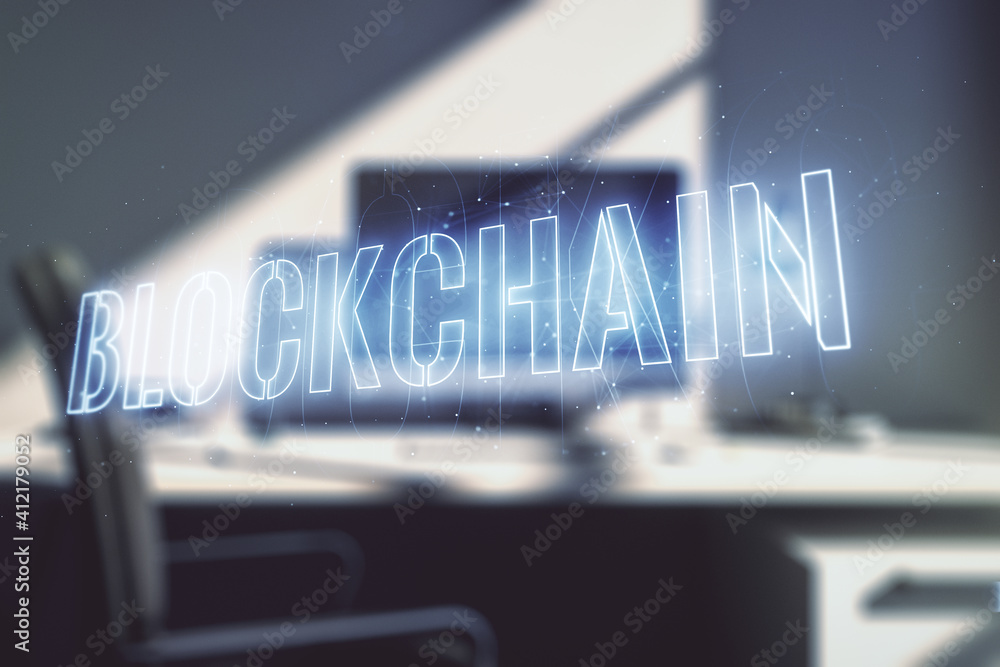 Poster double exposure of blockchain technology hologram and modern desktop with laptop on background. rese