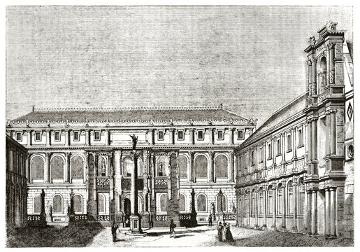 Elegant facade and courtyard of Ecole des Beaux-Arts building, Paris. Ancient grey tone etching style art by Andrew, Best and Leloir, Magasin Pittoresque, 1838
