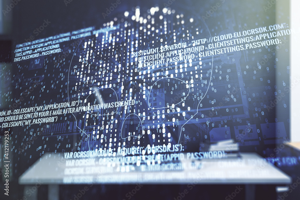 Poster creative concept of code skull illustration and modern desktop with computer on background. hacking 
