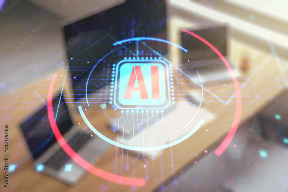 Leinwandbilder double exposure of creative artificial intelligence abbreviation and modern desk with computer on ba