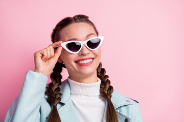 Photo of young cheerful girl happy positive smile wear sunglass isolated over pastel color background