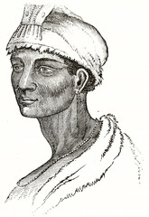 Three quarter portrait close up of Cafres woman with necklace and traditional white hat. Ancient grey tone etching style art by unidentified author, Magasin Pittoresque, 1838