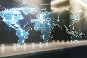 Abstract graphic digital world map hologram with connections on blurry contemporary office building background, globalization concept. Multiexposure