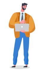 Businessman standing at full height holding opened laptop in his hands vector illustration isolated on white background. Man in formal clothes office worker or business man communicates using laptop